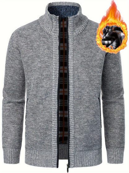 1pc Men'S Casual Style Knit Cardigan - 100% Polyester, Solid Color, Long Sleeve, Regular Fit, Stand Collar, Zip-Up, Umbrella Hem, Non-Stretch Fabric - Fashionable All-Match Pullover for Autumn/Winter