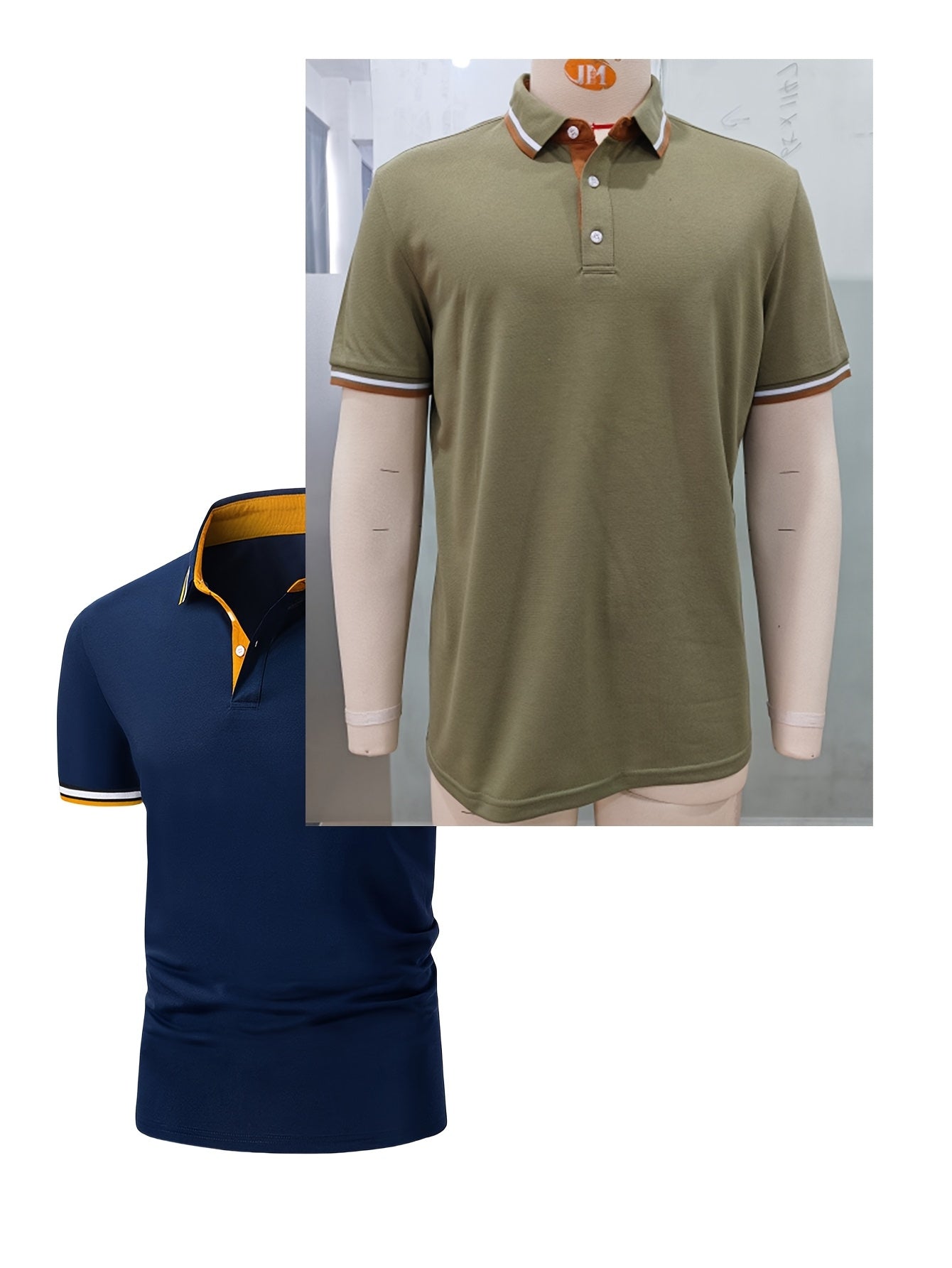 2 հատ տղամարդու կարճաթև վերնաշապիկներ կոնտրաստ օձիքներով - թեթև պոլիեսթեր, պաստել կապույտ և վարդագույն, շրջադարձային օձիքով, կոճակներով փակվող, սովորական, ամենօրյա և գործնական հագուստ, իդեալական ամառային կամ նվերների համար, կարճ թև վերնաշապիկներ