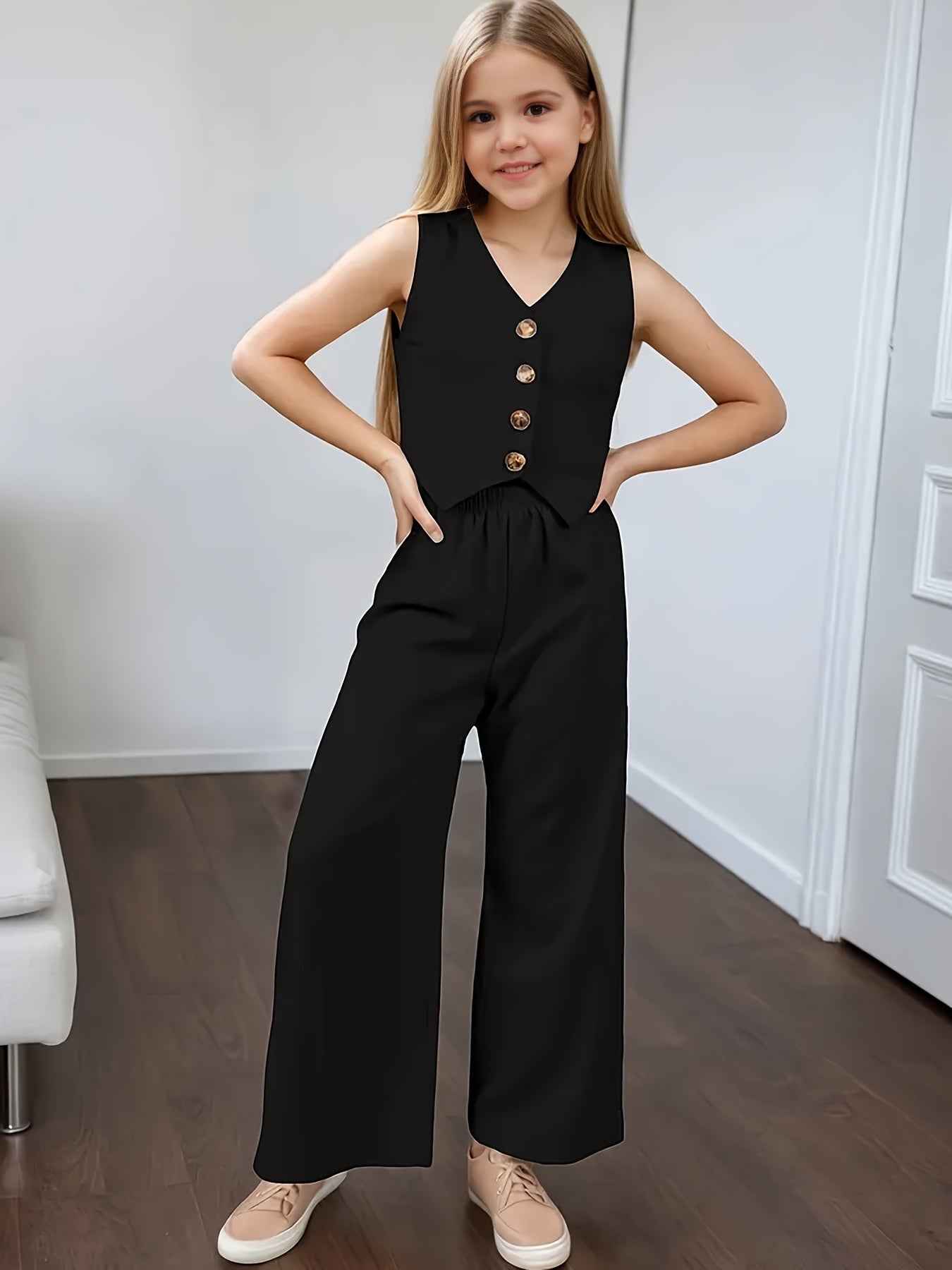 Girls' Summer Sleeveless Vest & Wide-Leg Pants Set