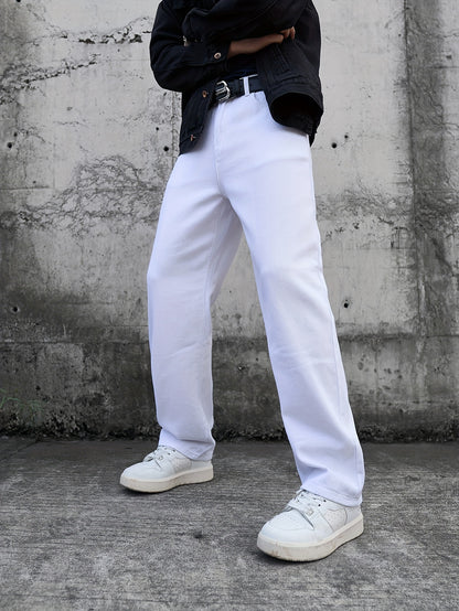 Men's Casual White Jeans - Loose Fit, Cotton, Machine Washable, Solid Color with Pockets, All-Season Wear