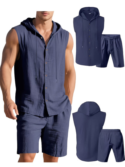 Men's Summer Linen Hooded Sleeveless Shirt & Shorts Set