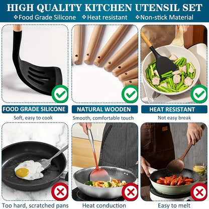 43pcs Non-Stick Cookware Storage Bucket with Wooden Handles, Silicone Kitchen Utensils, Easy-To-Clean Kitchen Tools, Spatula And Spoon Set.