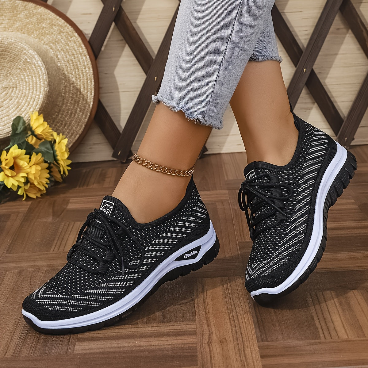 Women'S Knit Casual Sneakers - Stylish Striped Weave Pattern, Breathable Non-Slip Comfort Shoes with Rubber Sole for Outdoor Wear