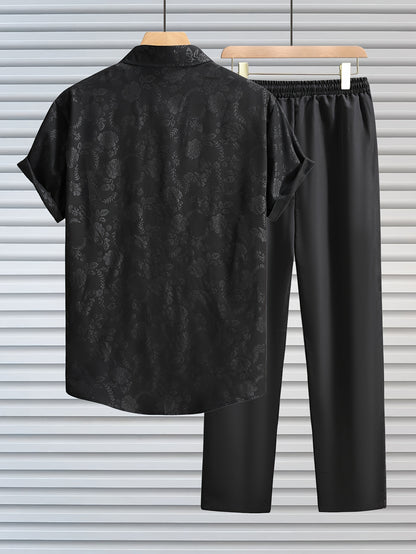 Men's Summer Floral Button-Up Shirt & Black Trousers Set