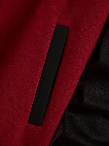 Men's Fashionable R-Letter Patchwork Casual Street Style Baseball Jacket - Polyester, Maroon & Black with White Stripes, Button Closure, with Pockets