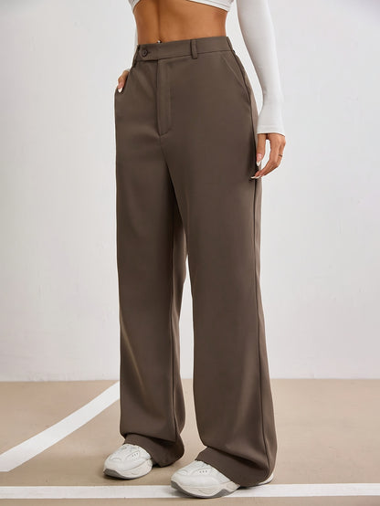 Elegant Solid Color Button-Wide Leg Suit Pants for Women, Polyester, Machine Washable
