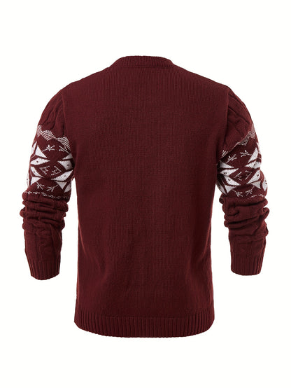 Men's Slim-Fit Cable Knit Sweater - Winter Warm Pullover with Geometric Corduroy Clasp (Adjustable Rope), Round Neck Long Sleeve Casual Sweating for Fall/Winter Layering - Hand Washable Knitwear for Smart-Casual Outfits (Not