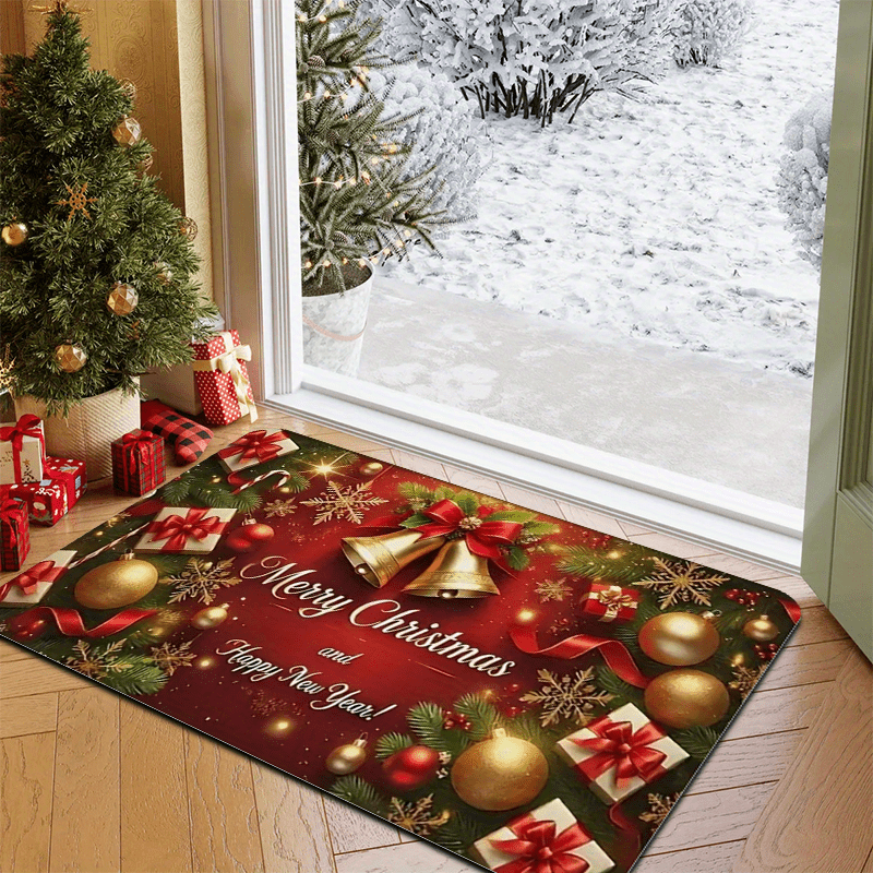 1pc Christmas & New Year Welcome Mat with Merry Christmas & Happy New Year Greeting, Red/Golden/Green Holiday Design, Non-Slip Backing, Heavy-Duty 600g/m² Polyester, Machine Washable Indoor/Outdoor Door Mat with Pine Branche