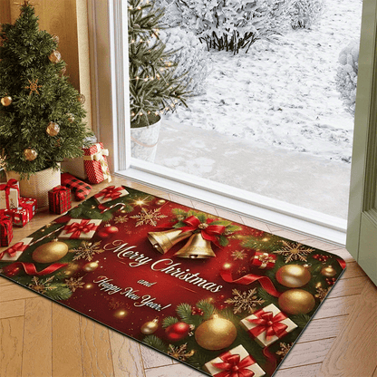 1pc Christmas & New Year Welcome Mat with Merry Christmas & Happy New Year Greeting, Red/Golden/Green Holiday Design, Non-Slip Backing, Heavy-Duty 600g/m² Polyester, Machine Washable Indoor/Outdoor Door Mat with Pine Branche