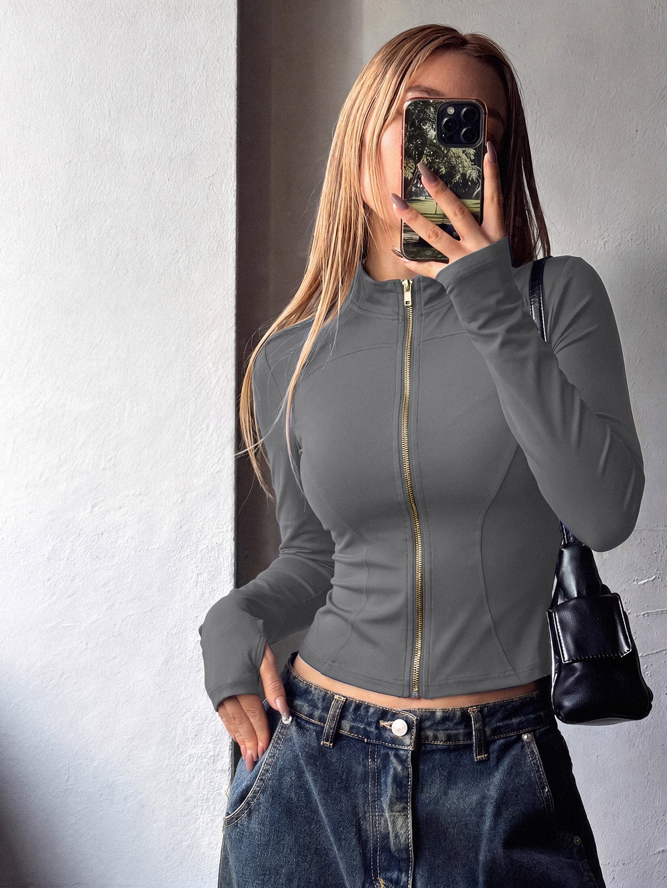 Women’s Athletic Long Sleeve Jacket with Thumb Loop, Stretchy Fit