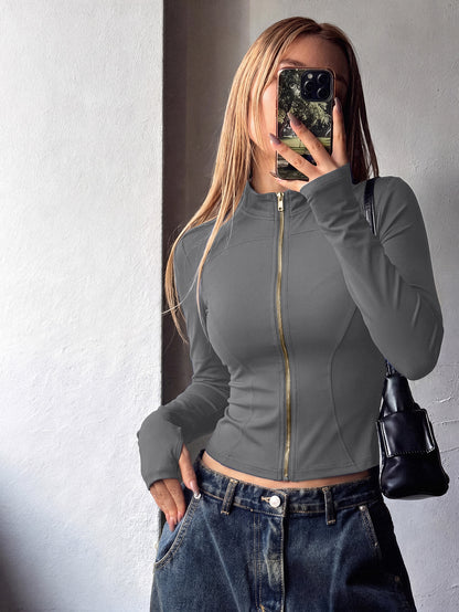 Women’s Athletic Long Sleeve Jacket with Thumb Loop, Stretchy Fit