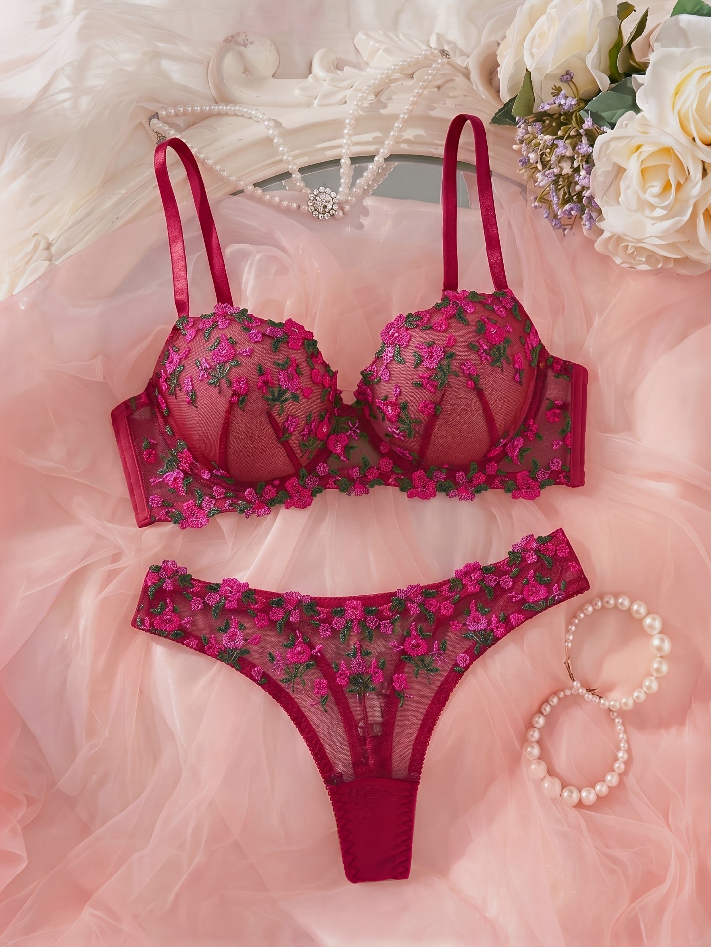 Women's Floral Embroidered Lingerie Set - Elegant Bra & Panties