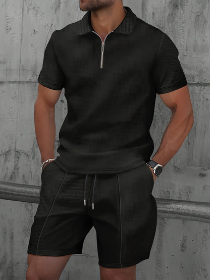 Men's Waffle Knit Quarter-Zip Polo & Drawstring Pants Set