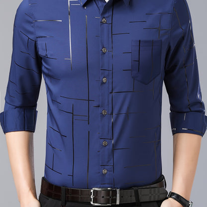 Elegant Men's Maroon Striped Long Sleeve Dress Shirt - Sophisticated Black & Golden Print, Breathable Polyester, Casual Comfort Fit with Classic Collar and Button-Up Front for Casual Attire