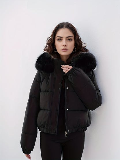 Women'S Winter Coat with Removable Faux Fur Hood - Thickened Loose Fit Long Sleeve Jacket, Zippered Pockets & Button Front, Casual Solid Color Outerwear for Cold Weather, Cozy Warmth, Buttoned Closure, Durable Fabric