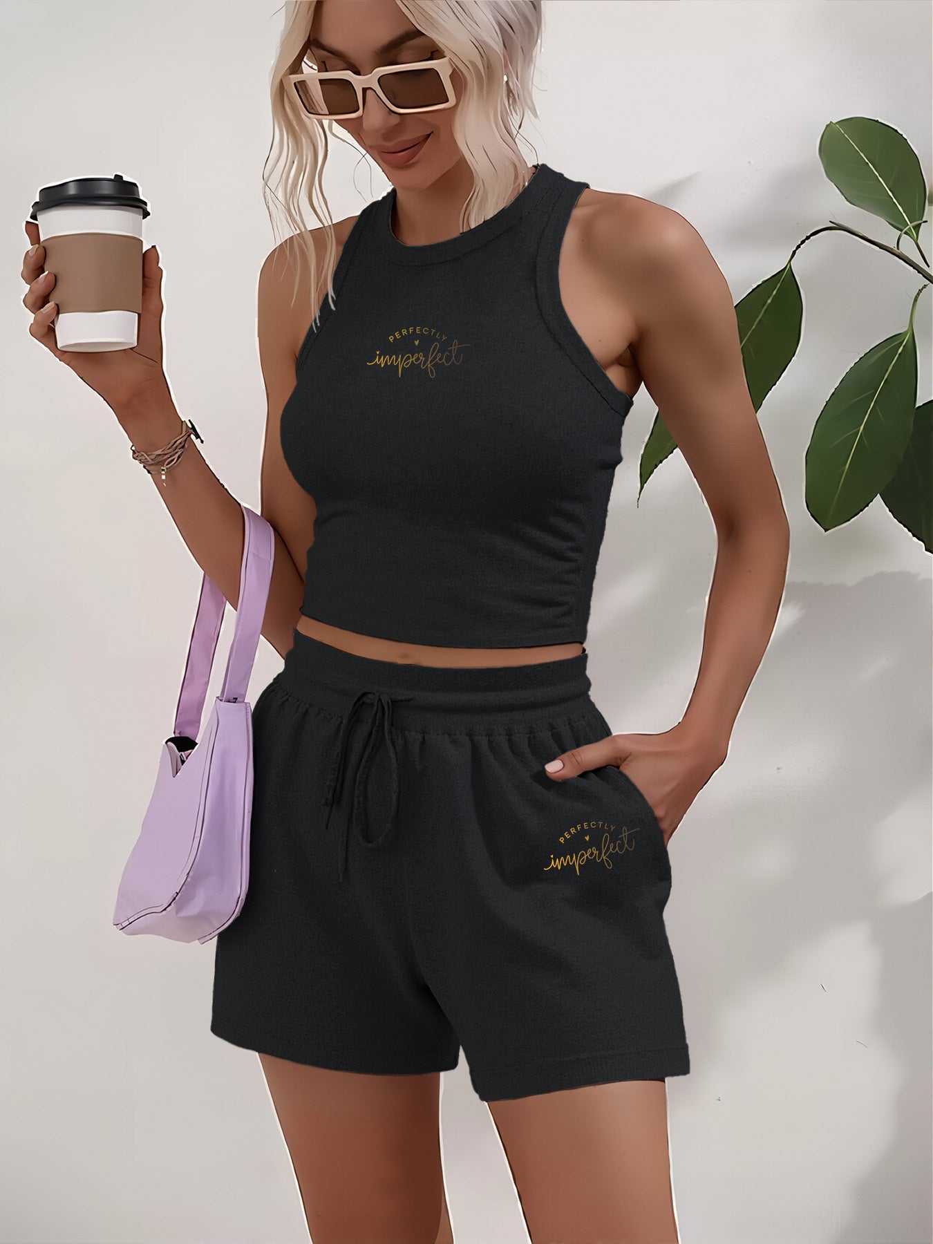 Women's Casual Two-Piece Set with English Print, Short Sleeve & Wide L