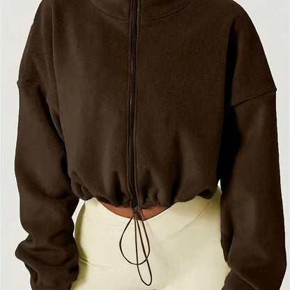 Women'S Casual Zippered Front Drawstring Hem Jacket - High-Neck Long Sleeve with Pockets, All-Season Comfort, Machine Washable, Versatile for Casual Attire, Casual Wear Jacket | Highneck Jacket | Zippered Jacket