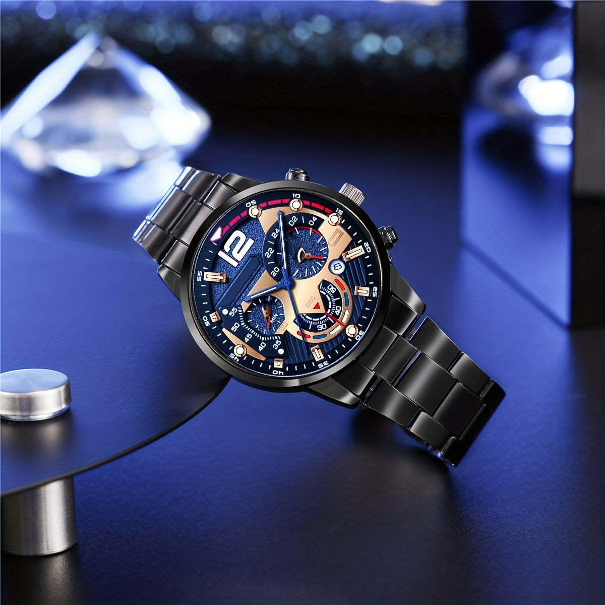 4pcs Men'S Practical Set, Including a Business Quartz Watch, a Business Belt, a Business Wallet, And Stylish Glasses - The All-Black Series Highlights a Business Demeanor, Representing Men in Business, High-End And Classy