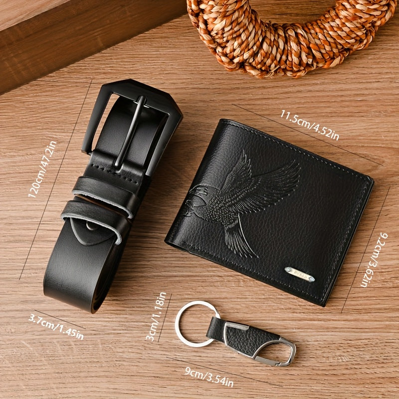 Տղամարդու գոտիների 3 հատանոց հավաքածու, նորաձև գործնական դրամապանակ + գոտի + բանալիի շղթա՝ նվերների տուփի համադրություն, իդեալական է տոների և գրասենյակային հագուստի համար, իդեալական նվեր ընտանիքի, սիրելիների, ընկերների համար