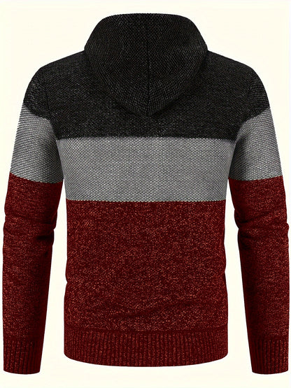 Men'S Fleece-Lined Hooded Sweater | 100% Polyester Knit | Mature Style | Striped Pattern | Long Sleeve | Regular Fit Hoodie with Medium Stretch Fabric | Casual Autumn & Winter Outerwear