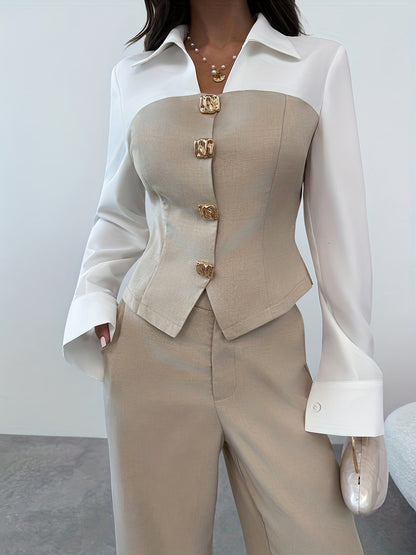 A Casual And Elegant Two-Piece Set, Featuring a Patchwork Shirt And Loose Straight-Leg Pants. Autumn Women'S Wear, Suitable for Commuting, Teaching, Back-To, Old Money Style, And Women'S Casual Office Attire