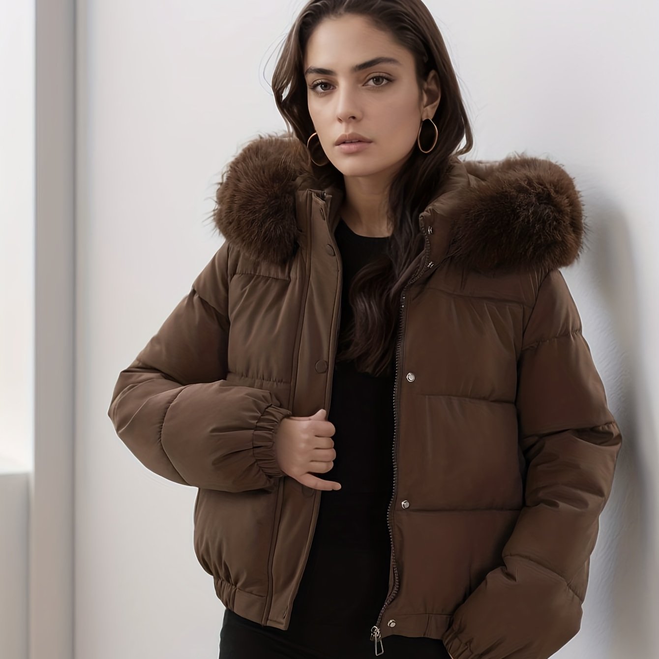 Women'S Winter Coat with Removable Faux Fur Hood - Thickened Loose Fit Long Sleeve Jacket, Zippered Pockets & Button Front, Casual Solid Color Outerwear for Cold Weather, Cozy Warmth, Buttoned Closure, Durable Fabric