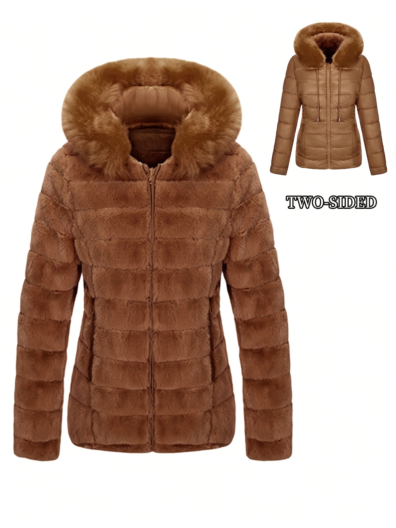 Women'S Heavyweight Winter Coat - Dual-Sided Reversible Jacket with Full-Zip Front, Hooded Collar, Two-Way Zipper Closure - Warm Outerwear for Cold Weather, Office, Travel - Elegant Brown Coat (Size & Wash Label in Pocket), L