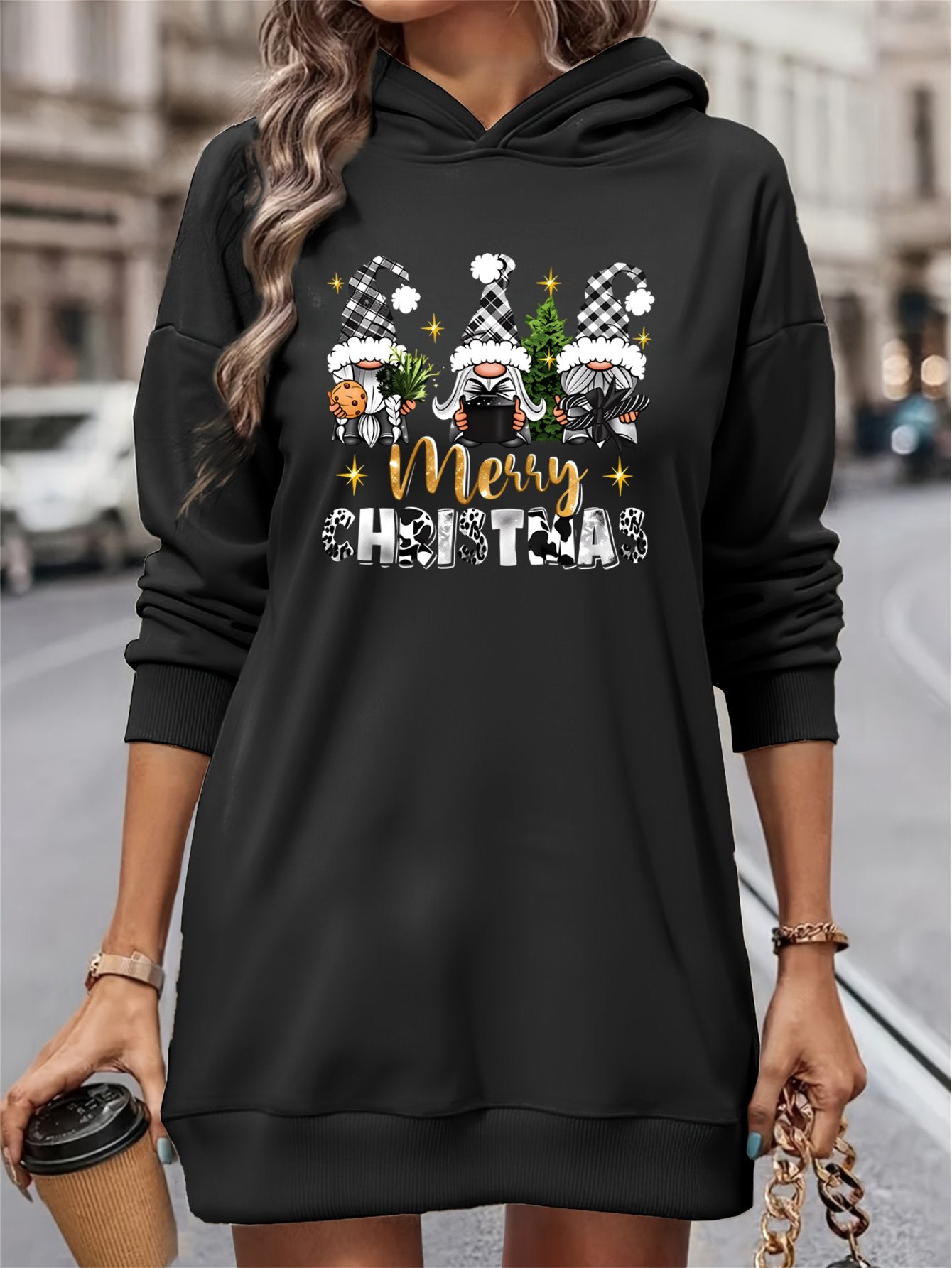 Women's Christmas Gnome Print Hooded Sweatshirt Dress - Soft Slim Fit Sweater Dress with Holiday Cheer Gnome Patterns, All-Season Casual Dress for Christmas Party Outfits (Machine Washable)