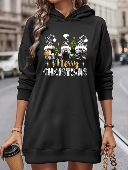Women's Christmas Gnome Print Hooded Sweatshirt Dress - Soft Slim Fit Sweater Dress with Holiday Cheer Gnome Patterns, All-Season Casual Dress for Christmas Party Outfits (Machine Washable)