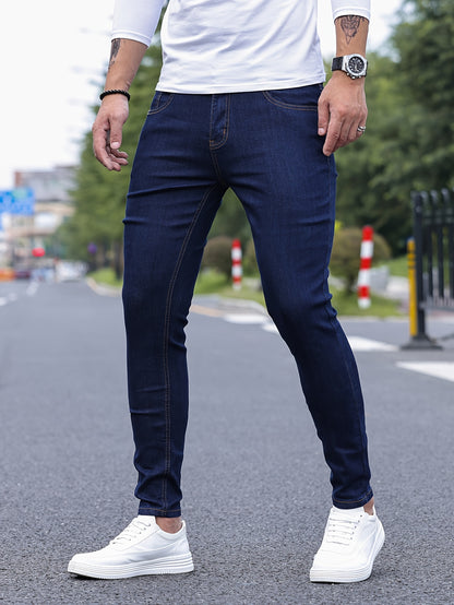 Slim Fit Chic Jeans, Men's Casual Street Style All Match Stretch Denim Pants With Pockets