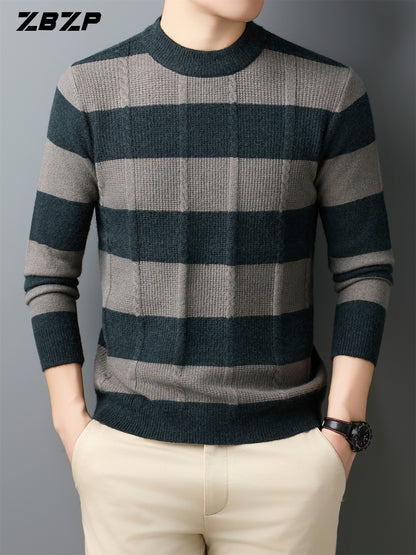 ZBZP Men'S Casual Striped Knit Sweater - Dark Gray & White Horizontal Stripes, Round Neck Long Sleeve, Regular Fit, Autumn Winter Warm Pullover for Casual Attire, Knit Sweater, Comfortable Fashion, Soft Texture, Cold Weather