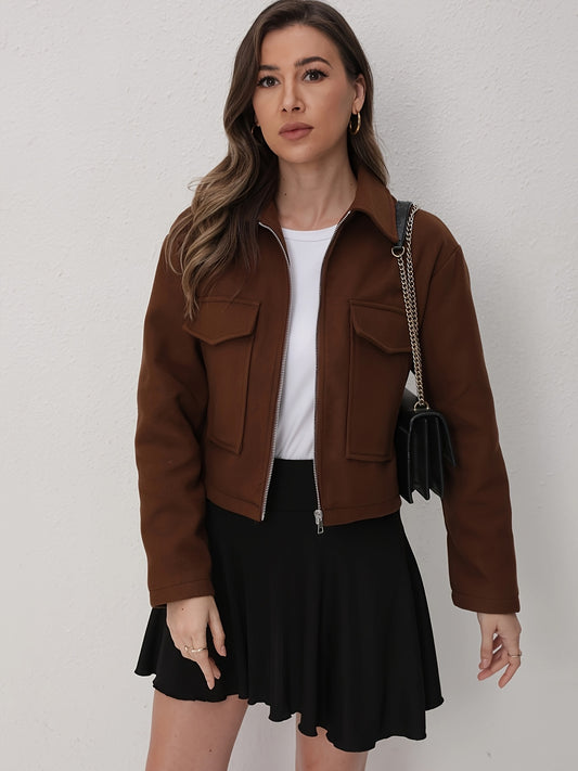 Women's Solid Full-Zip Winter Jacket with Structured Collar