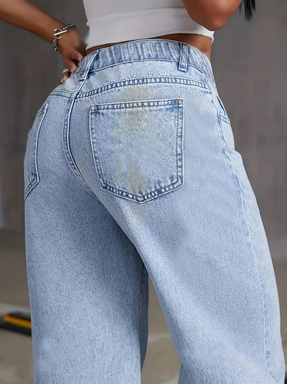 1pc Women'S Plus Size High-Waisted Denim Jeans, Casual Straight-Leg Washed Denim Pants with Built-in Zipper, H-Line Loose Fit Long Trousers for All Seasons