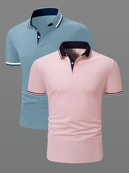 2 հատ տղամարդու կարճաթև վերնաշապիկներ կոնտրաստ օձիքներով - թեթև պոլիեսթեր, պաստել կապույտ և վարդագույն, շրջադարձային օձիքով, կոճակներով փակվող, սովորական, ամենօրյա և գործնական հագուստ, իդեալական ամառային կամ նվերների համար, կարճ թև վերնաշապիկներ