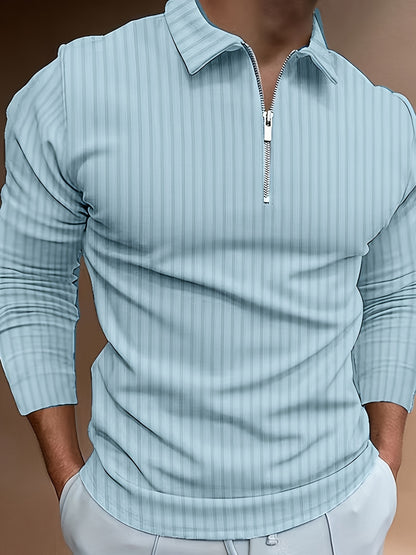 Men's Casual Sports Ribbed Long Sleeve Zipper Lapel Golf Shirt, Spring And Fall