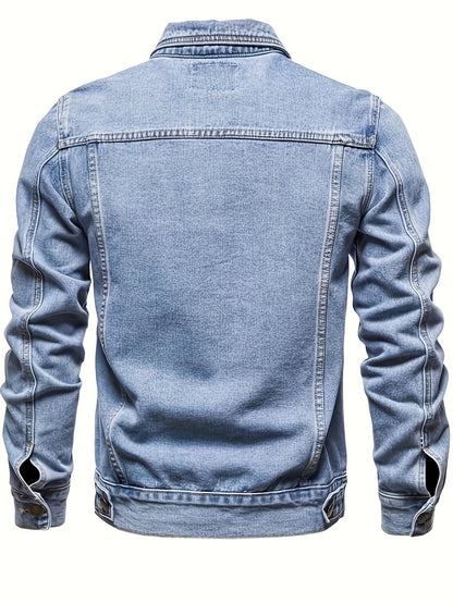 Men's Chic Washed Denim Jacket, Casual Street Style Button Up Contrast Stitching Jacket For Fall Winter