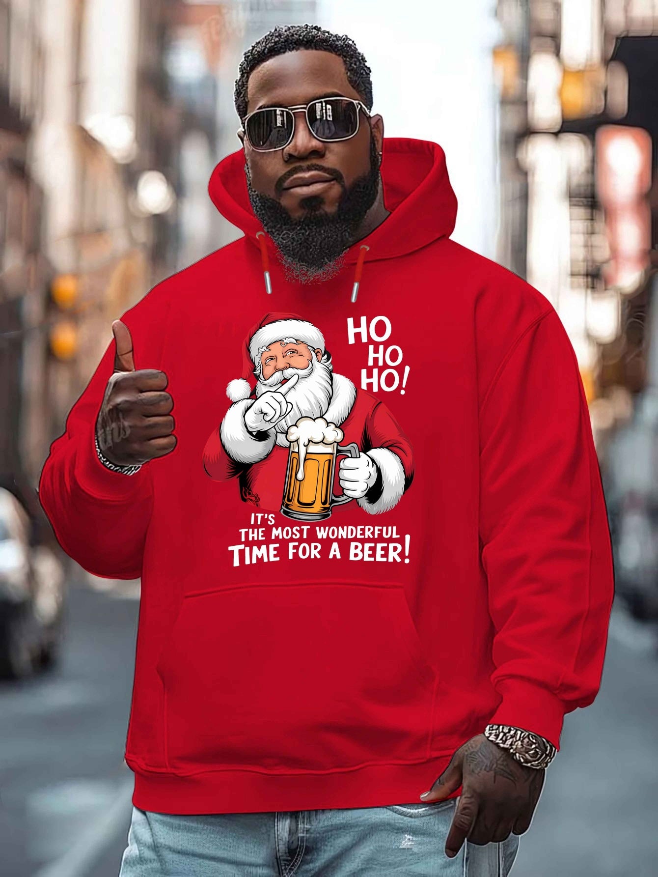 Men'S Red Hoodie with Santa Claus & Beer Mug Graphic - "Ho Ho Ho! It'S the Most Wonderful Time for a Beer!" - Cozy Plush Pullover for Fall & Winter, Casual Holiday Wear, Christmas Clothes, Plus Size