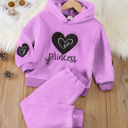 Girls' Winter Fleece-Lined Hooded Sweatshirt & Pants Set - Cozy Thickened Flannel, Heart Pattern, Long Sleeve, Loose Fit, Warm Casual Outdoor Outfit for Youngsters, Winter Clothes for Girls, Youngsters'S Winter Wear, Playful
