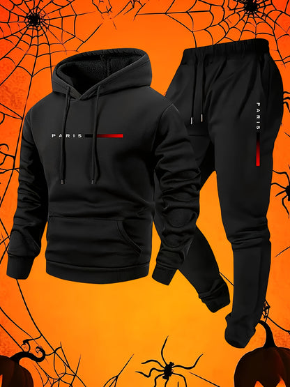 Halloween Men'S Hoodie with PARIS Lettering And Drawstring Sweatpants Set, a Must-Have Outfit for Autumn And Winter, Perfect for Everyday Outdoor Wear - ayq
