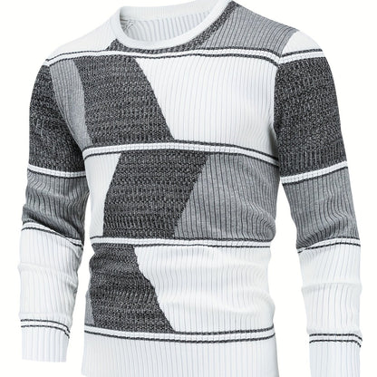 Men'S Casual Long Sleeve Crew Neck Sweater - Geometric Stripe Pullover with, Stripes, Medium Stretch Knit Sweater for Fall/Winter