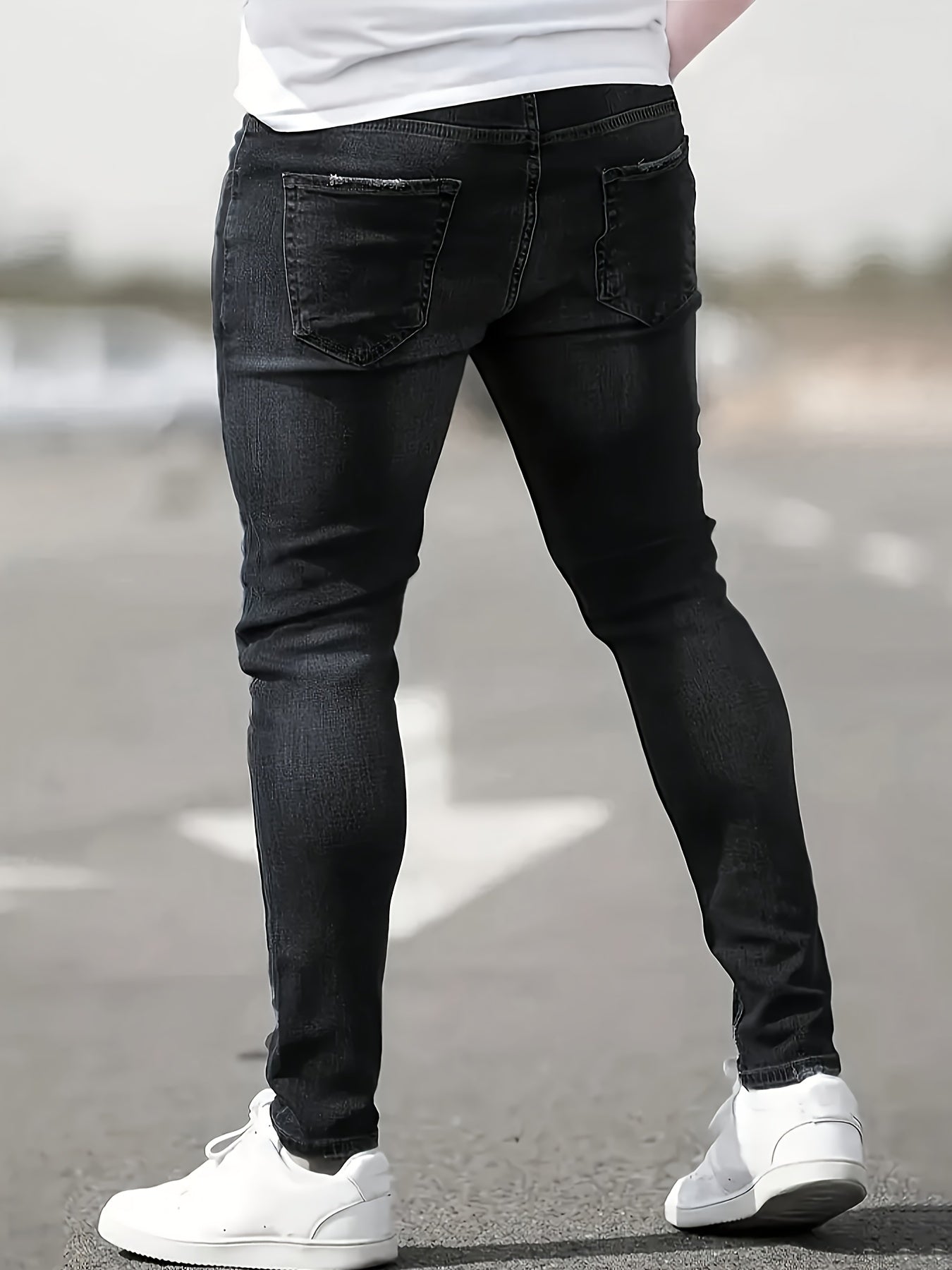 Men's Slim Fit Stretch Denim Jeans - Casual, Breathable & Machine Washable with Ripped Detail