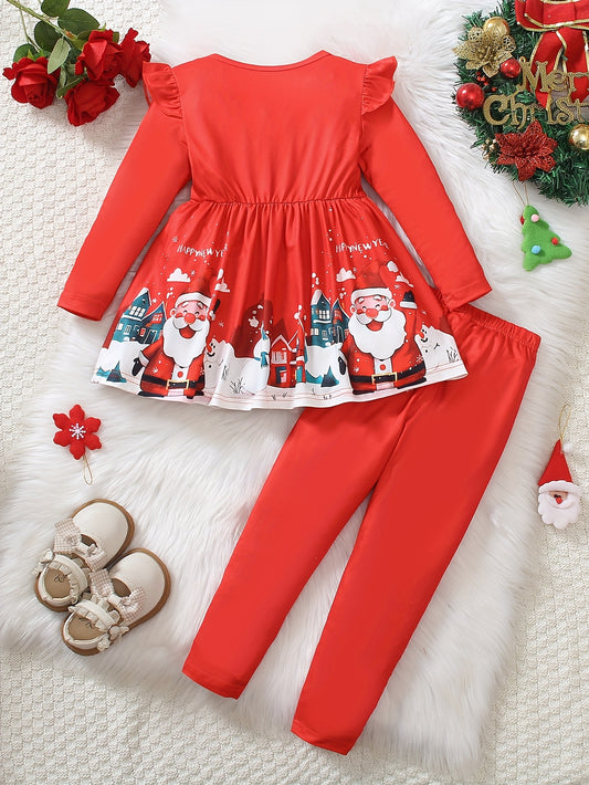 Girls' Two-Piece Set: Fashionable Solid Color Round Neck Short Sleeve Christmas New Year Style Print Ruffled Hem Long Sleeve Top + Solid Color Tight Pants, Perfect for Outdoor Activities, for Outdoor