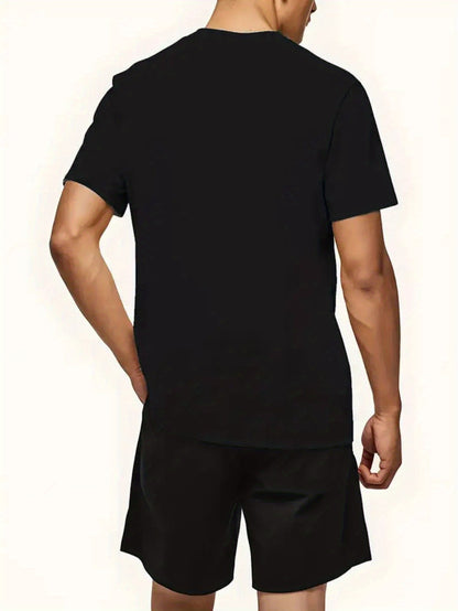 Men'S Summer Casual Sport Two-Piece Set - LADA Letter Pattern Print T-Shirt and Black Drawstring Shorts, Casual Sportswear, Regular Fit - Perfect for Summer Outdoor