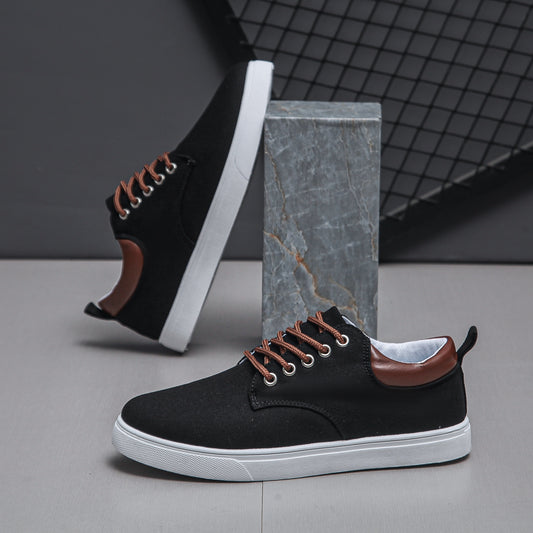 Men's Navy Blue Canvas Sneakers - Breathable, Durable, Non-Slip Casual Shoes with Brown Accents & White Sole - Perfect for Spring, Summer, and Fall Outdoor Wear, Everyday Sneakers | Casual Sporty Look | Breathable Canvas Uppe