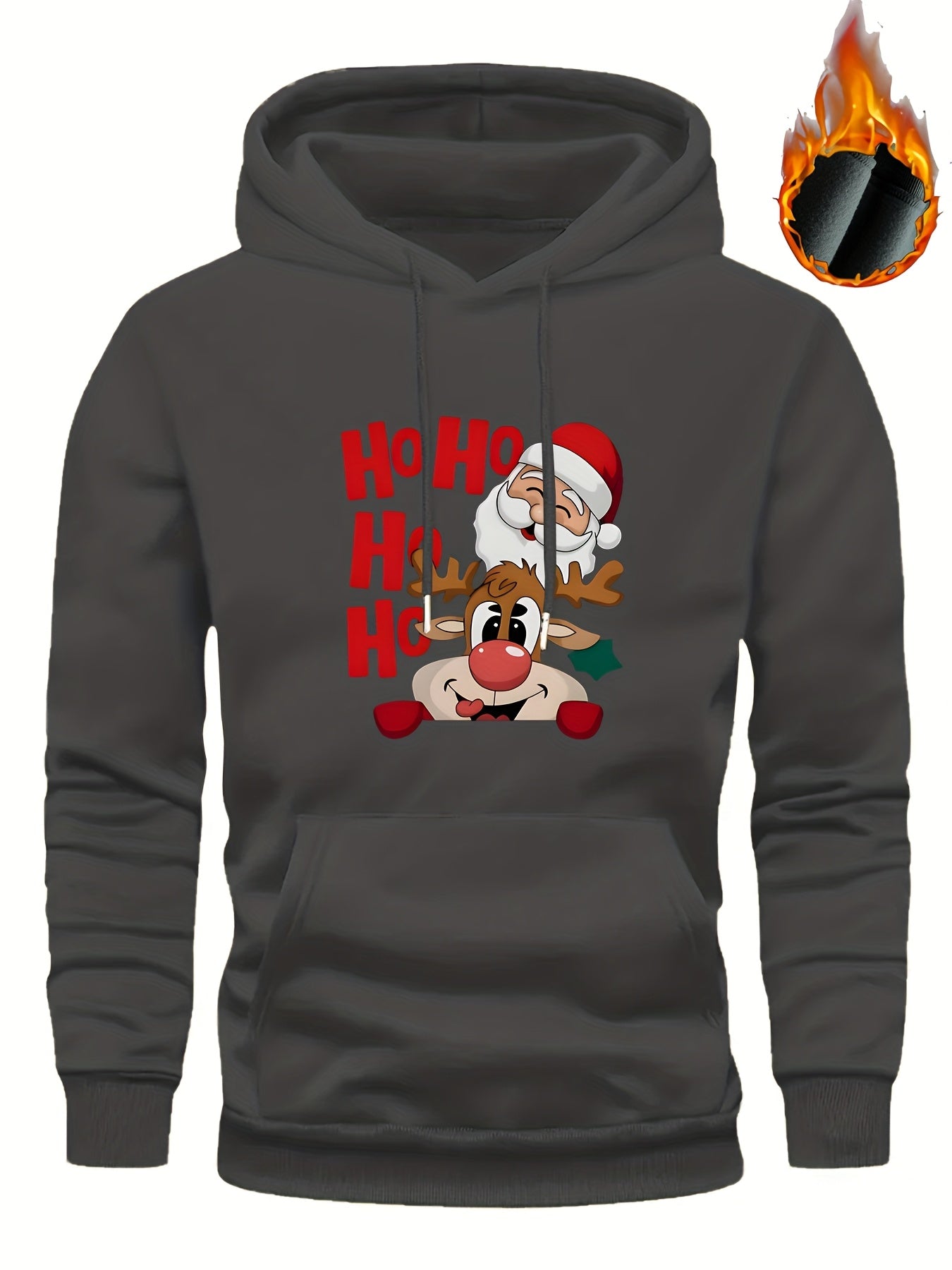 Men's Christmas Hooded Sweatshirt with Rudolph & Santa Print - Thickened Winter Pullover Hoodie, Warm Long Sleeve Casual Sweater for Skiing, Parties, Team Events - Machine Washable (Couple Matching, Unisex Style)