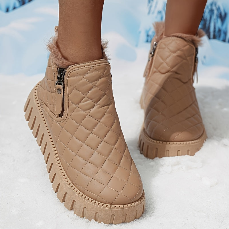 Women's Winter  Boots with Faux Fur Lining & Zipper Closure - PU Cover Round-Toe Ankle Boots with Cushioned Insole & Arch Support, White//Black/Tan/Beige, Rubber Sole for Ice &  - Casual & Semi-Formal Winter Footwear