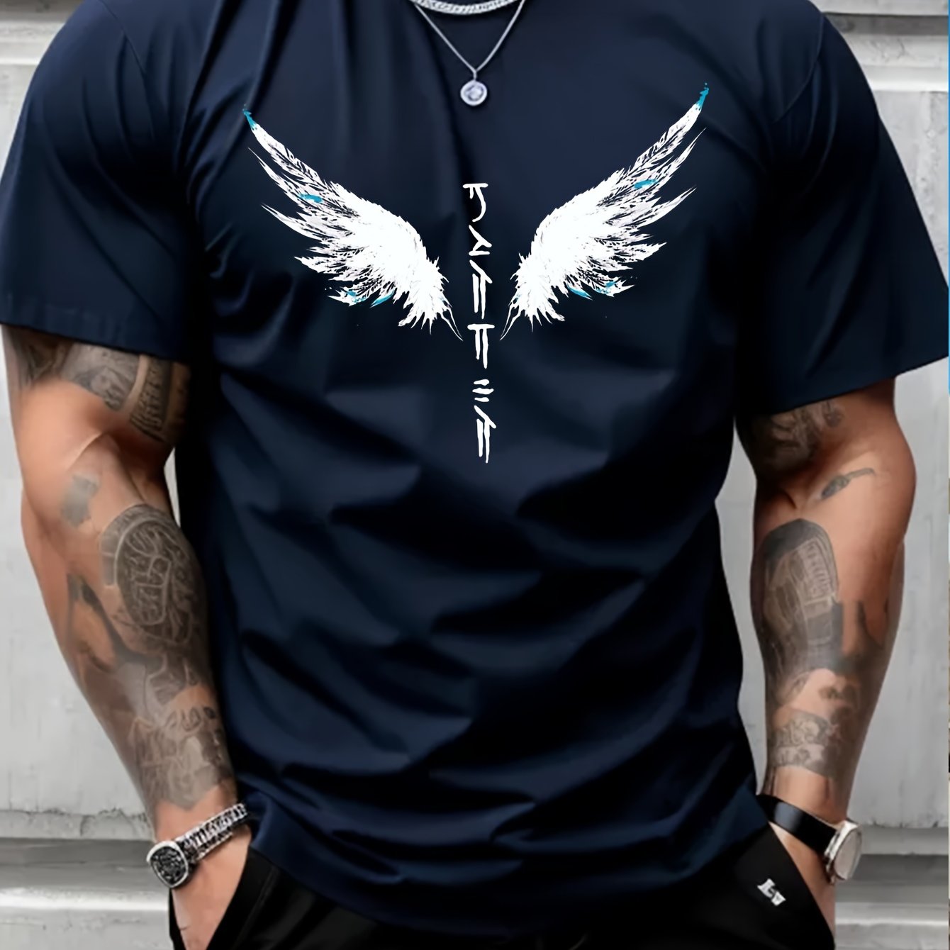 Wings Print Men's Creative Top, Casual Short Sleeve Crew Neck T-shirt, Men's Clothing For Summer Outdoor