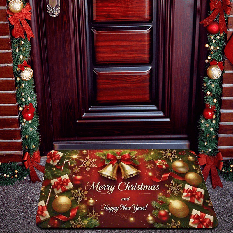 1pc Christmas & New Year Welcome Mat with Merry Christmas & Happy New Year Greeting, Red/Golden/Green Holiday Design, Non-Slip Backing, Heavy-Duty 600g/m² Polyester, Machine Washable Indoor/Outdoor Door Mat with Pine Branche