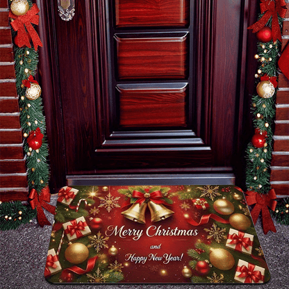 1pc Christmas & New Year Welcome Mat with Merry Christmas & Happy New Year Greeting, Red/Golden/Green Holiday Design, Non-Slip Backing, Heavy-Duty 600g/m² Polyester, Machine Washable Indoor/Outdoor Door Mat with Pine Branche