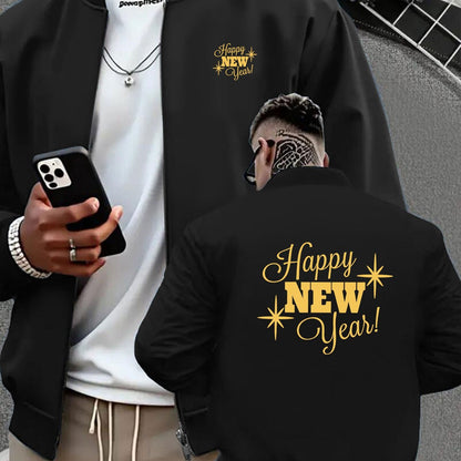 Men's Navy Blue Full-Zip Casual Jacket with Golden Happy New Year Print & Golden Glitter Lettering - Full-Zip Closure, Machine Washable, Regular Fit Winter Coat for Parties, Casual Attire & New Year's Eve Outfits - Stylish Ou